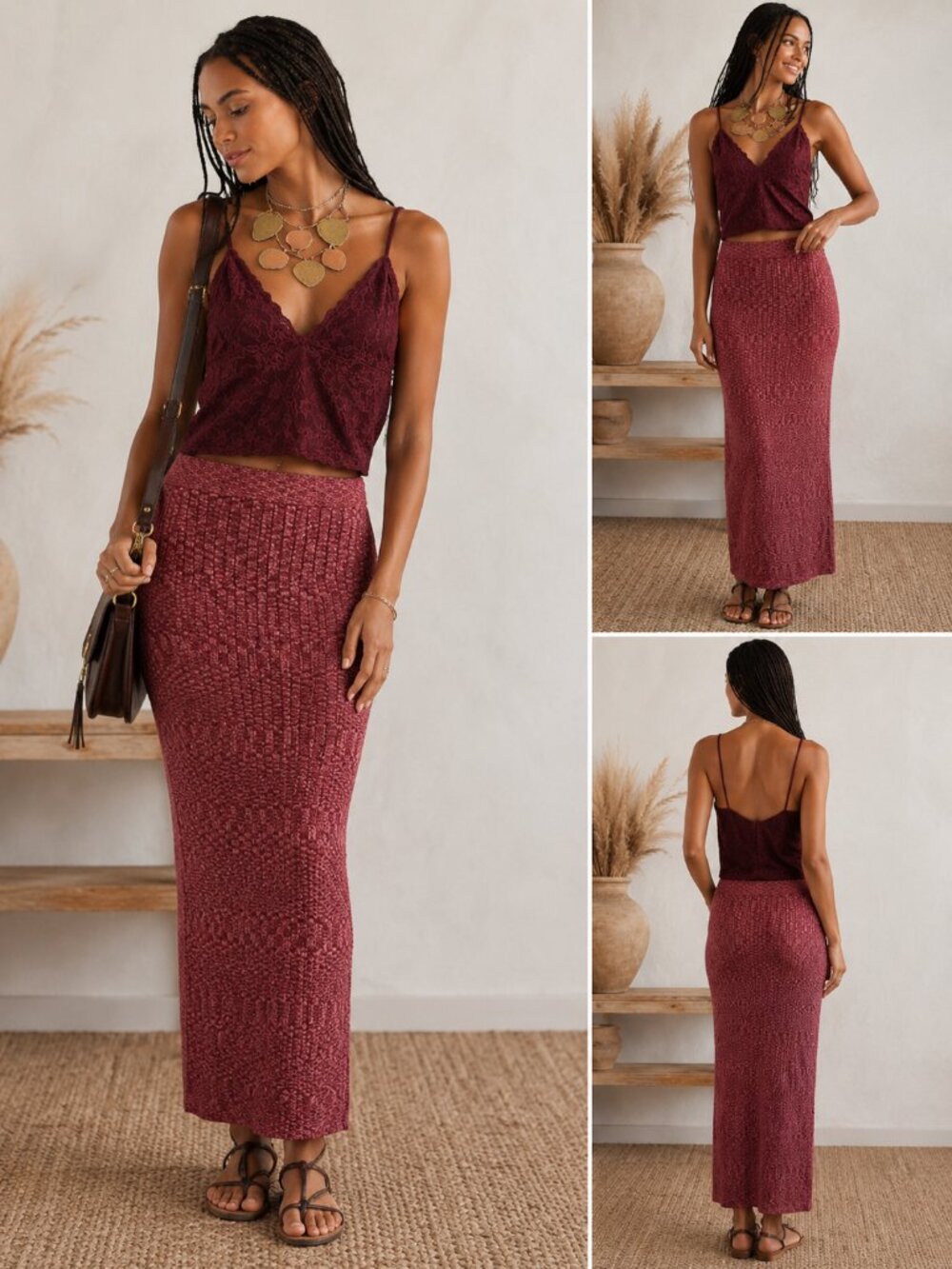 🆕 Free People | Burgundy Crochet Maxi Skirt and V-Neck Tank Set